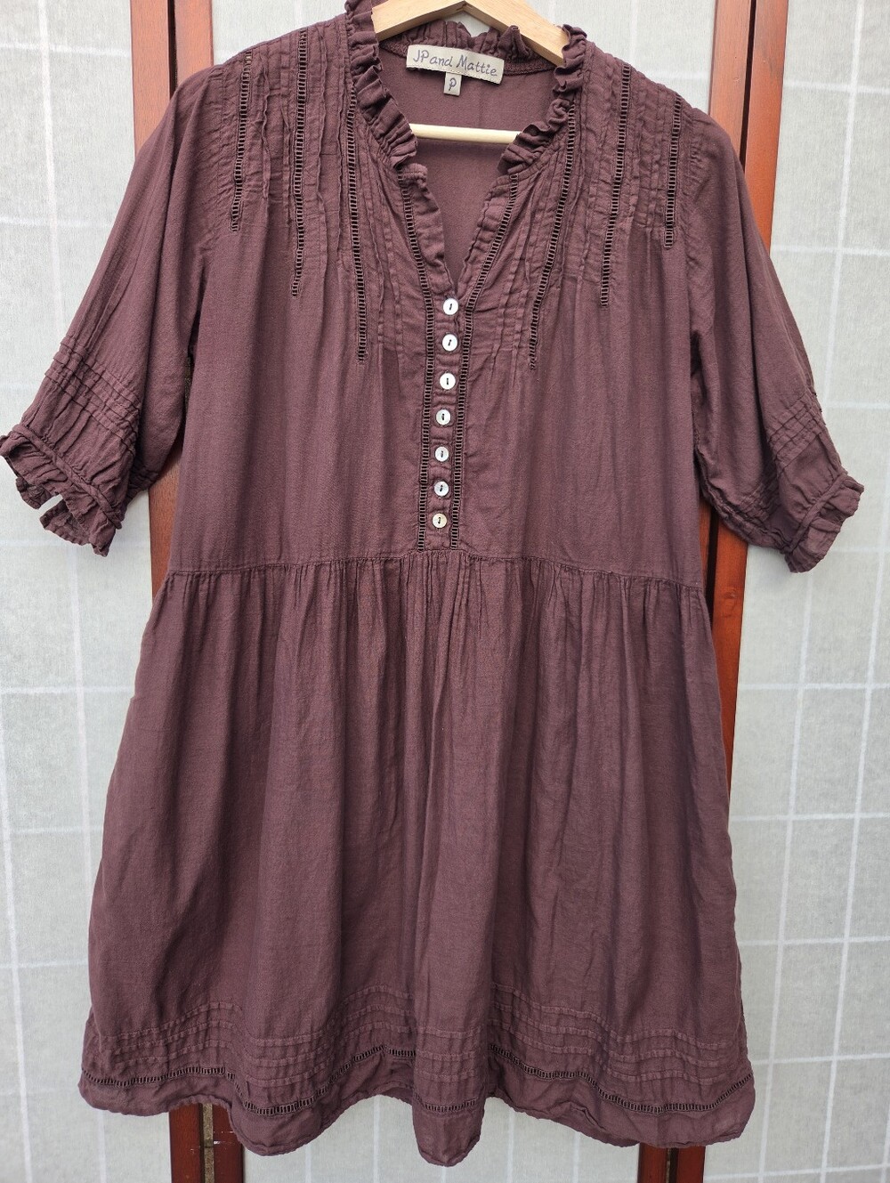 JP and Mattie Boho Cottagecore Brown Tunic Baby Doll Mini Dress Pintuck Ruffle